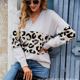 2025 Autumn And Winter New V-Neck Spliced Knitted Shirt Women's Jacket Leopard Print Women's Sweater HZ1208