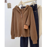 2025 New Simple Casual Double Zipper Sweater Female Shoulder Long Sleeve Hooded Knitted Cardigan Women's Uniform Women HZ1208