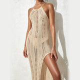 Side-Open Fork Slings With Bare Back Sexy Hollow Beach Knitted Dress Beach Dress Sunscreen HZ1208