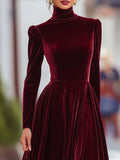 Women's Autumn And Winter Gold Velvet High Collar Bubble Sleeves To Close The Waist Big Dress Elegant Long Dress HZ1208