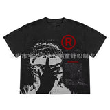 2025 Cool Boy New English Before And After Printing ëÃÞ Five-Sleeved T-Shirt Round Collar Top HZ1208