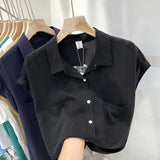 Standing Short-Sleeved Shirt Women's Summer Thin Design Sense Of New Leisure Loose Collar Cover Gas Blouse Tide HZ1208