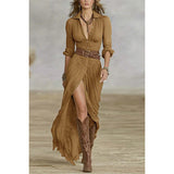 2025 Women's Spring And Autumn Sexy Solid Color Irregular Folding Waist Collar Dress With Belt HZ1208