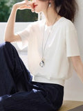 White Short-Sleeved T-Shirt Women's Summer 2025 New Casual Design Feeling Under The Fork Decorative Buckle Clasp Blouse HZ1208
