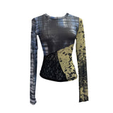 Pictsey Tat Yarn Print Bottom Blouse Spliced Lace Long-Sleeved T-Shirt 22917 HZ1208