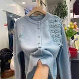Solid-Color Flower Embroidery Design Blouse With Ocean Knitted Cardigan Long-Sleeved Temperament Minus Age Casual Sweater Woman HZ1208