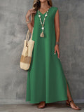 2025 Summer Dress Women's Sleeveless V-Neck Side Opening Dress Elegant Long Dress HZ1208
