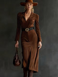 2025 Autumn And Winter Velvet Temperament Waist Suit Collar Open Dress Dress With Belt HZ1208
