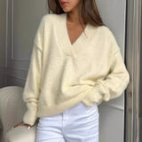 2025 Autumn And Winter Ultra-Soft V-Neck Imitation Marinish Sweater Female Lazy Style Loose Knitted Sweater HZ1208