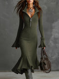 New Fashion Elegant Temperament Zippered Horn Sleeve Knitted Fishtail Skirt HZ1208