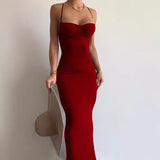 2025 Thin High-Rise Sleeveless Bagted Hip Dress New Cross-Sling Long Dress Fishtail Dress HZ1208