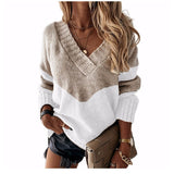 2025 Autumn Women's Knitted Shirt V-Neck Splicing Long-Sleeved Simple Knitted Sweater Simple Match HZ1208