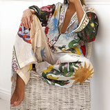 Women's 2025 Suit New Casual Print V-Neck Shirt Broad Leg Pants Women's Spring Suit HZ1208