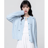 Blue Round Collar Knitted Cardigan Women 2025 Spring And Autumn New Loose Design Thin Sweater Coat Short Top HZ1208