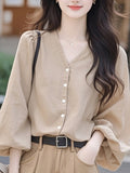 White V-Neck Lantern Sleeve Top Women's Dress 2025 New Early Spring Ocean Design Wears French Chic Shirt HZ1208