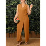 2025 Summer New Women's Pure Color Loose Casual Strap Cotton Linen Jumpsuit V Collar HZ1208