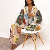 Women's 2025 Suit New Casual Print V-Neck Shirt Broad Leg Pants Women's Spring Suit HZ1208