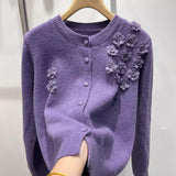 Solid-Color Flower Embroidery Design Blouse With Ocean Knitted Cardigan Long-Sleeved Temperament Minus Age Casual Sweater Woman HZ1208
