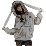 Autumn And Winter Street Retro Collar Rabbit Ear Hooded Hoodie Jacket Y2K Printed Female Top HZ1208