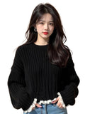 European Heavy Industry Black Lace Sleeve Thick Line Sweater Women 2025 New Lazy High-End Feeling Small Knitted Top HZ1208