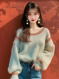 Mint-Colored Horse Hairy Loose Long-Sleeved Knitted Sweater 2025 Early Autumn New Female Unique Super-Good-Looking Top HZ1208