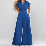 2025 Women's Loose Fashion Elegant Short-Sleeved V-Neck Solid-Colored Broad-Legged Jump-Legged Jumpsuit HZ1208