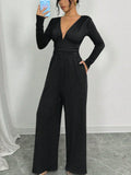 Women's Dark V Solid-Color Pit Strip Sexy Body-Snley Elegant Temperament Jumpsuit HZ1208