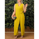 2025 Summer New Women's Pure Color Loose Casual Strap Cotton Linen Jumpsuit V Collar HZ1208