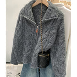 Korean Version Of Double Zippered Strand Sweater Coat Women's 2025 Winter Design Sense Of The Collar Plus Thick Long-Sleeved Knitted Open Shirt HZ1208