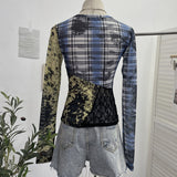 Pictsey Tat Yarn Print Bottom Blouse Spliced Lace Long-Sleeved T-Shirt 22917 HZ1208