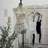 Real Shooting Lace Suspension Sheaf Vest Women's Summer Thin Irregular Lotus Leaf-Side Ribbon Slime Blouse 11851 HZ1208