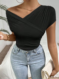 2025 Spring And Summer Explosion Folding Collar V Collar Sexy Blouse Lady Short-Sleeved T-Shirt HZ1208