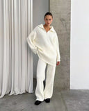 Single Simple High-End Solid Color Set Women's Autumn And Winter Half Zipper Sweater Knit Straight Trousers Two Sets HZ1208