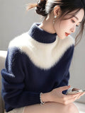 Blue And White Imitation Sting Velvet Sweater Women 2025 Winter New High-End Feeling Super-Good-Looking Half-High Collar Top Knitted Shirt HZ1208