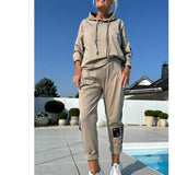 2025 Autumn And Winter New Women's Pure Color Round Neck Long Sleeves With Splicing Trousers Set Women HZ1208