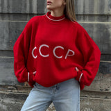 CCCP Red Small Round Collar Sweater Women Loose Retro Knitted Shirt Autumn And Winter Hooded Blouse HZ1208