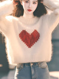 White Love Print Lazy Sweater Knitted Women 2025 Autumn And Winter New Korean Atmosphere Feeling Top HZ1208