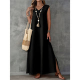 2025 Summer Dress Women's Sleeveless V-Neck Side Opening Dress Elegant Long Dress HZ1208