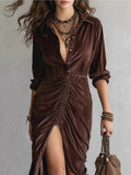 Autumn/Winter 2025 Fashion Button Folded Velvet Long-Sleeved Shirt Dress HZ1208