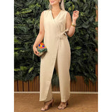 2025 Summer New Women's Pure Color Loose Casual Strap Cotton Linen Jumpsuit V Collar HZ1208