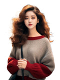 Autumn And Winter New Hong Kong Style Chic Top Female Design Color Collar Knitted Shirt Age Reduction Lantern Sleeve Long-Sleeved Sweater HZ1208