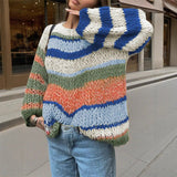 2025 Autumn And Winter New Personality Hit Color Knitted Shirt Color Stripe Loose Sweater HZ1208