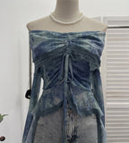 Small-Sized Old-Fashioned Green Shoulder Horn Sleeve Blouse Dye Net Yarn Lace Draw Rope Short T-Shirt 8010 HZ1208