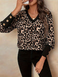 New Leopard-Print Long-Sleeved V-Neck Blouse T-Shirt HZ1208