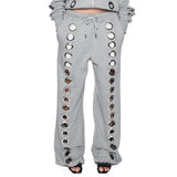 Trending Iron Ring Hollow Loose Open Shirt Zipper Hoodie Chicken Eye Design Jacket Suit HZ1208