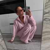 2025 New Hot Pure Color Knitted Jacket High-Collar Sweater Set Loose Top + Pants Women HZ1208