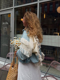 Lace Spliced Denim Jacket Zipper French Hollow Cake Bubble Sleeve Long Sleeve Autumn And Winter Woman HZ1208