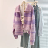 Knitted Purple Striped Soft-Clip Single-Dcupy Clasp-Clip Sweater Women's Cardigan Jacket 2025 New Autumn And Winter Top HZ1208