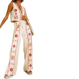 2025 Fashion New Ladies Print Set Of Art Retro Sleeveless Top Broad Leg Pants Two Sets HZ1208