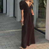 2025 New Women's Short-Sleeved Stylish Elegant Large-Size Wide-Legged Jump-Legged Jumpsuit HZ1208